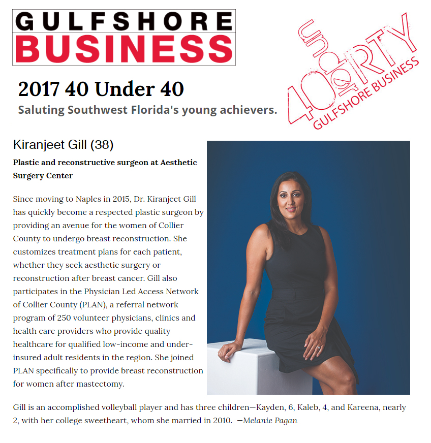 gulfshore buesiness 2017 40 under 40 Article about Doctor Kiranjeet Gill