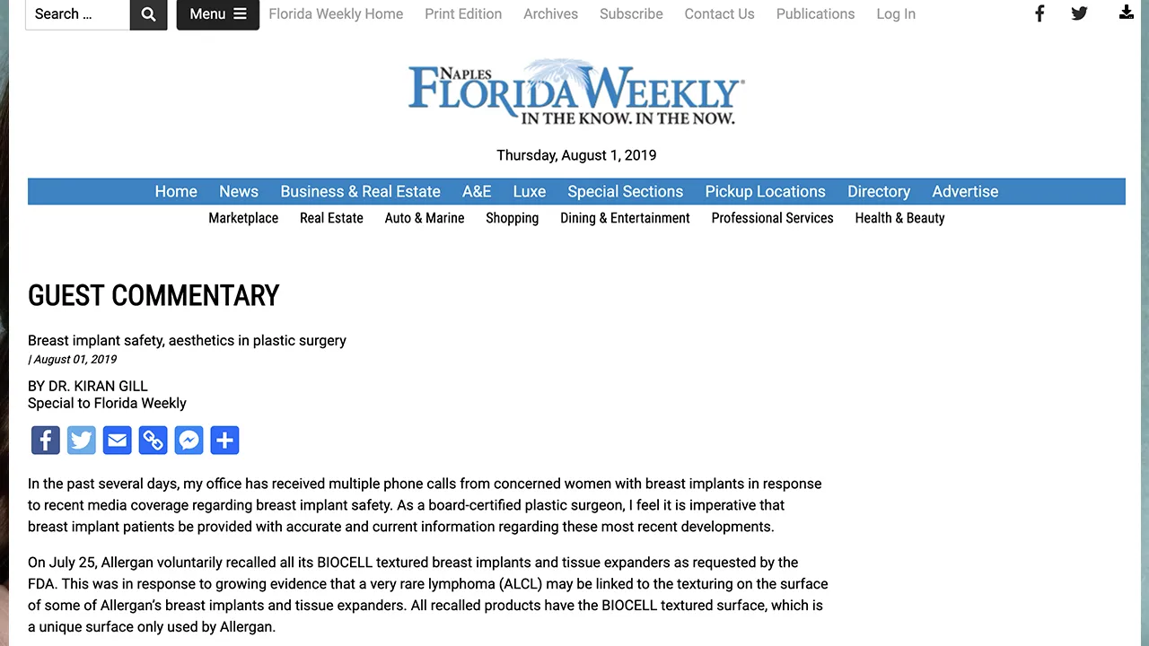 Dr Gill discusses Breast Implant safety with Florida Weekly.