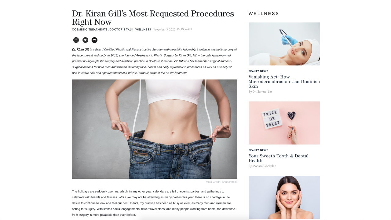 Dr Gill's most requested procedures by Haute Living. 